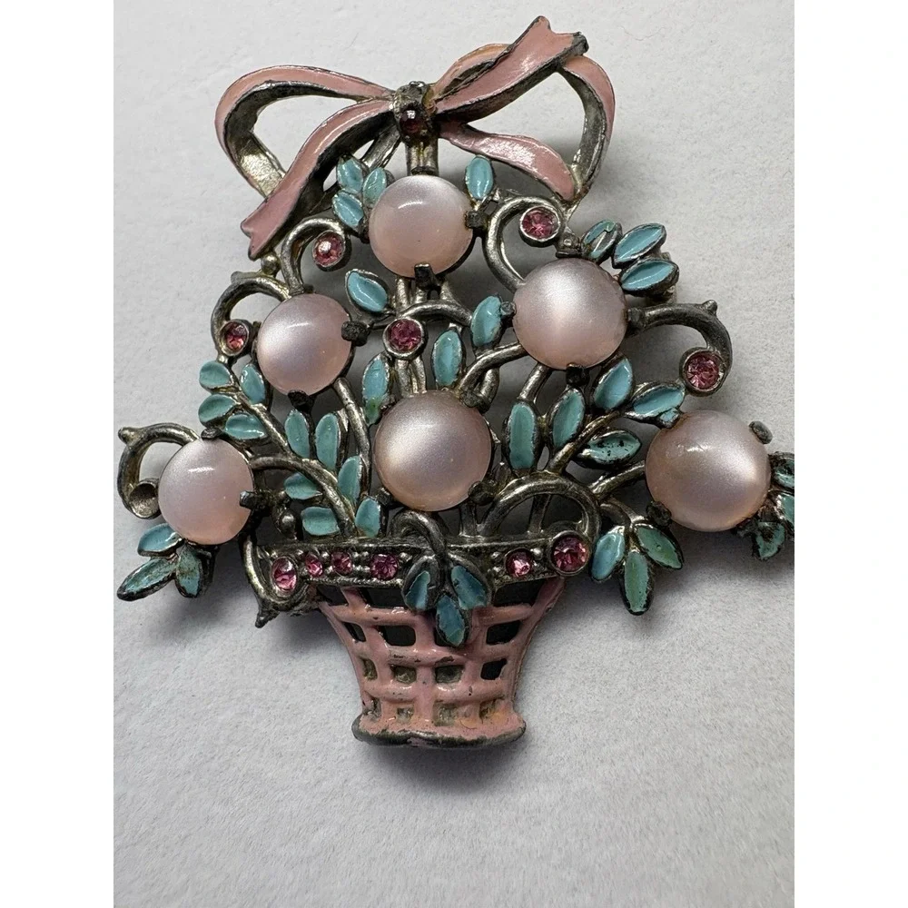 Vintage Pink Faux Moonstone With Rhinestone Enamel‎ Flowers Brooch